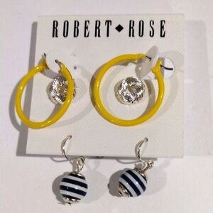 Robert Rose Set of 3 Silver tone Stud, Yellow Hoop, Drop Stripes - Women Jewelry